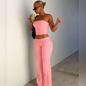 Two-Piece Set Women's Solid Crop Tube Top/ Foldover Waist Flare pants New Sz L